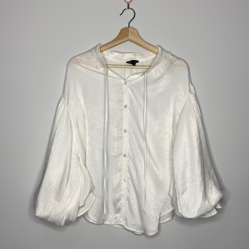 Ballon Puff Sleeve Pearl White Button Down Shirt Blouse
